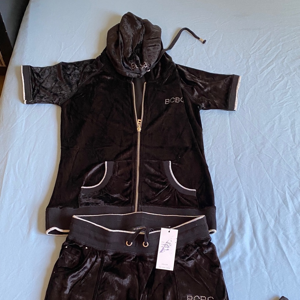 BCBG Black Velour Tracksuit with Rhinestone Detail